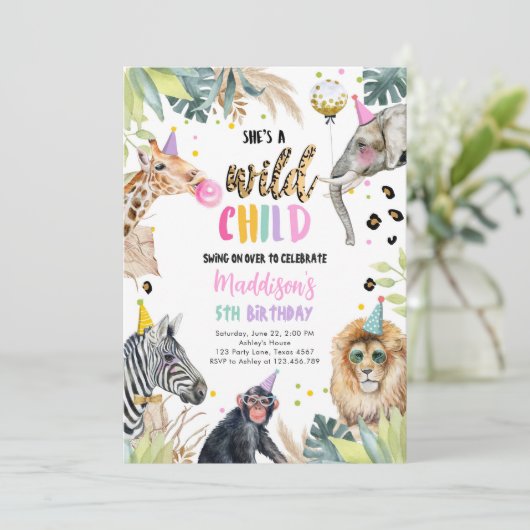 彼女は反抗的な子どもサファリパーティー動物誕生日 招待状 (スタンド正面)