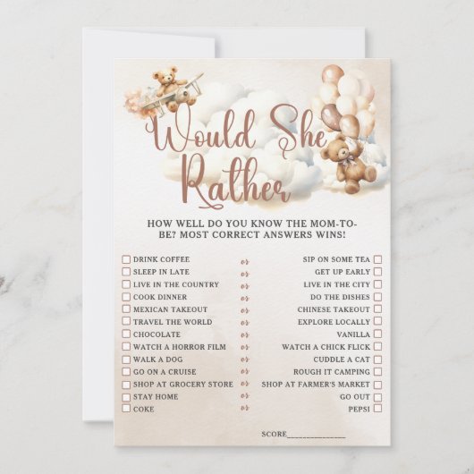 彼女は可愛いクマの赤ちゃんシャワーゲームを望む 招待状 (正面)