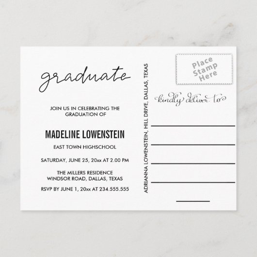 彼女は大学院の脚本を3枚の写真コラージュをした インビテーションポストカード (裏面)