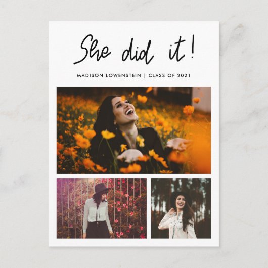 彼女は大学院の脚本を3枚の写真コラージュをした インビテーションポストカード (正面)