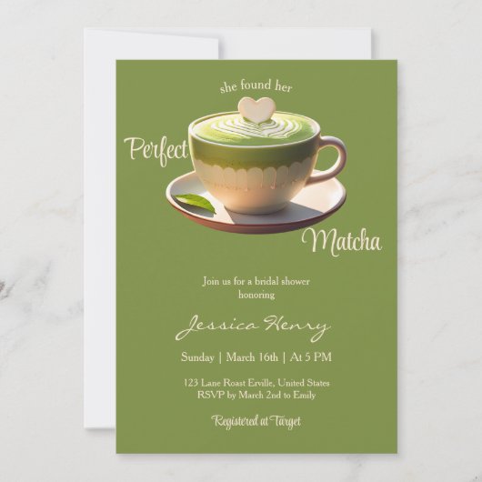 彼女は完璧な抹茶ブライダルシャワーを見つけた 招待状 (正面)