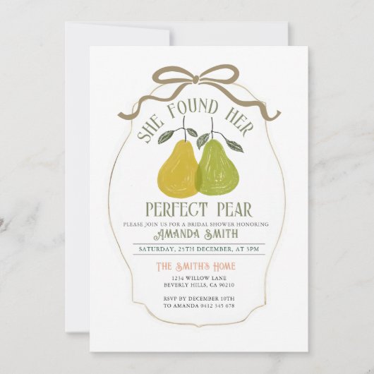彼女は完璧な梨のブライダルシャワーを見つけた 招待状 (正面)