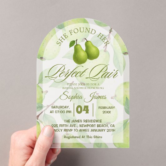 彼女は完璧な梨のブライダルシャワーを見エレガントつけた アクリル招待状 (インサイチュ (ポータブル))