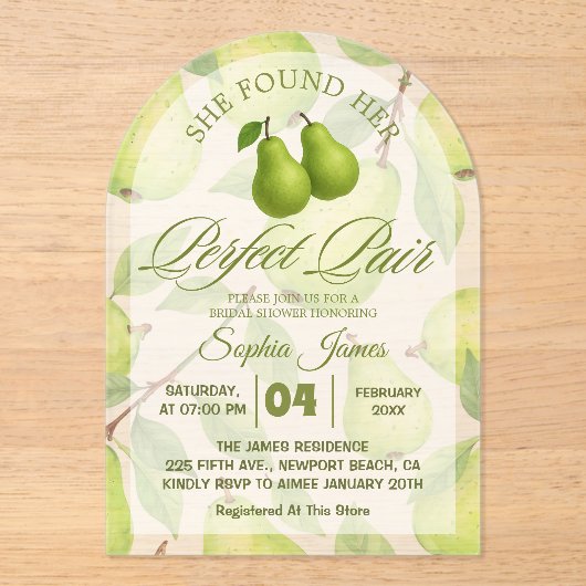 彼女は完璧な梨のブライダルシャワーを見エレガントつけた アクリル招待状 (正面)