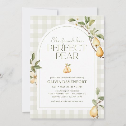 彼女は完璧な梨の植物学ブライダルシャワーを見つけた 招待状 (正面)