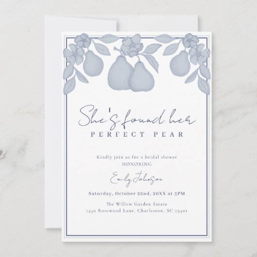 彼女は完璧な梨を見つけた | ブルーブライダルシャワー 招待状 (正面)
