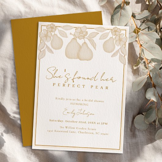彼女は完璧な梨を見つけた | 金ゴールドブライダルシャワー 招待状