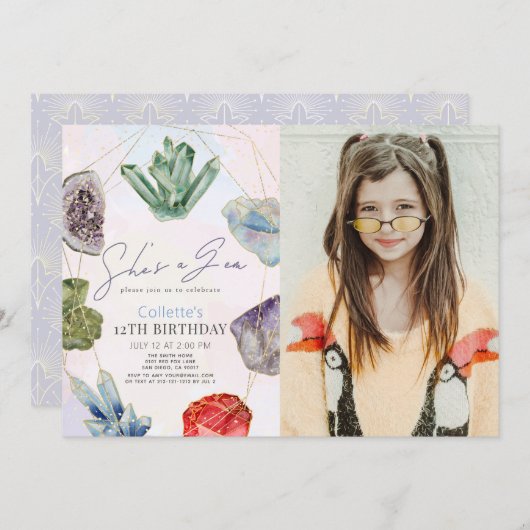 彼女は宝石クリスタルジェムストーンガール誕生日写真 招待状 (正面/裏面)