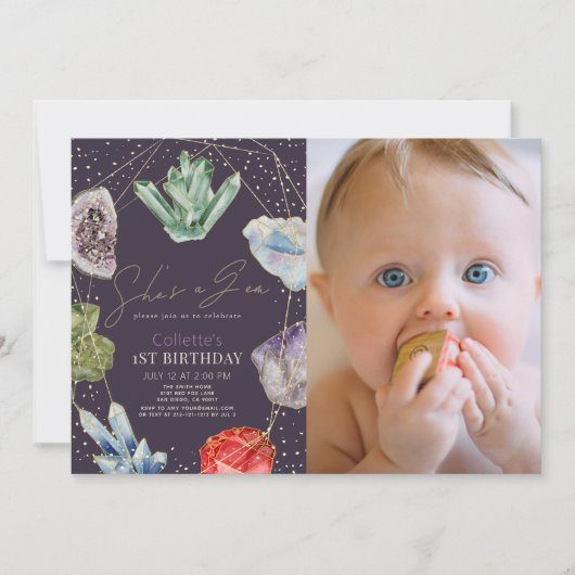 彼女は宝石クリスタルジェムストーン1st誕生日の写真 招待状 (正面)