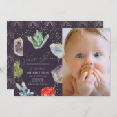 彼女は宝石クリスタルジェムストーン1st誕生日の写真 招待状 (正面/裏面)