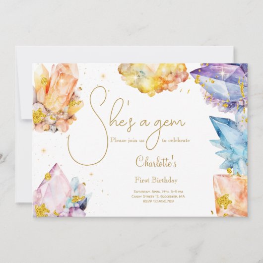 彼女は宝石誕生日クリスタルガールの水色だ 招待状 (正面)