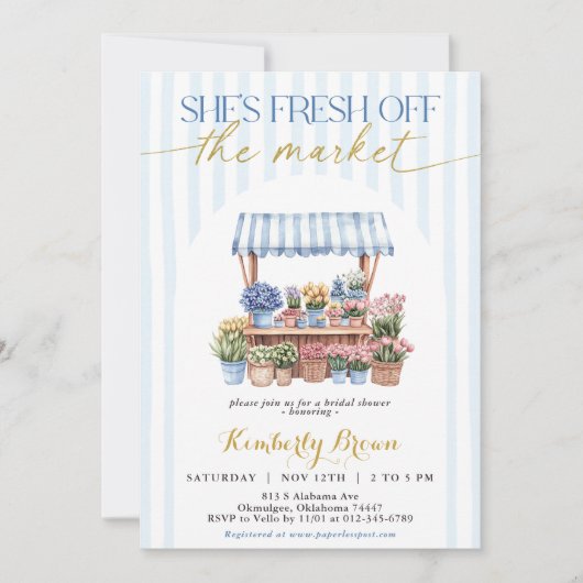 彼女は市場から出たばかりの青いブライダルシャワー 招待状 (正面)