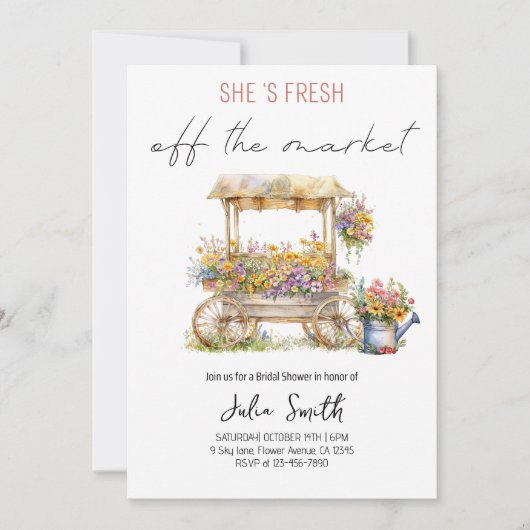 彼女は市場から出て新しいブライダルシャワーパーティー 招待状 (正面)