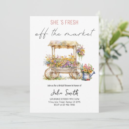 彼女は市場から出て新しいブライダルシャワーパーティー 招待状 (スタンド正面)