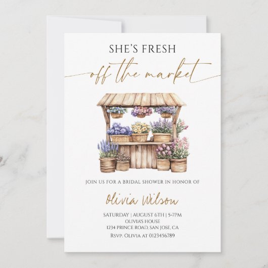 彼女は市場から出て新しいブライダルシャワーパーティー 招待状 (正面)