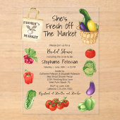 彼女は市場から出て新鮮なトートバッグブライダルシャワー アクリル招待状 (正面)