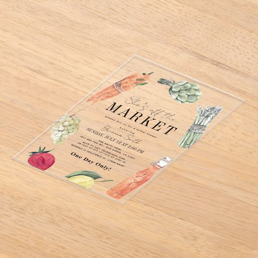 彼女は市場から外れている農家の市場ブライダルシャワー アクリル招待状 (レイダウン)