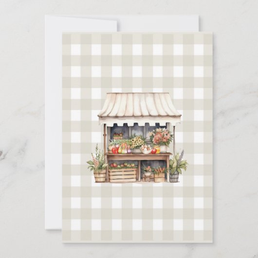 彼女は市場から外れている農家市場ブライダルシャワー 招待状 (裏面)