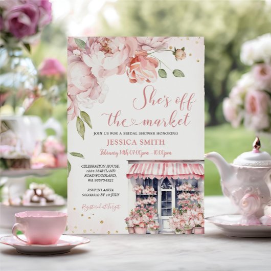 彼女は市場から離れているピンクの花のブライダルシャワー 招待状