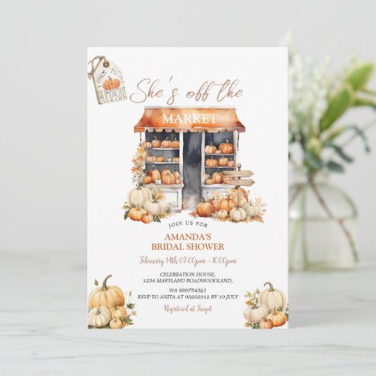 彼女は市場から離れている秋カボチャブライダルシャワー 招待状 (スタンド正面)