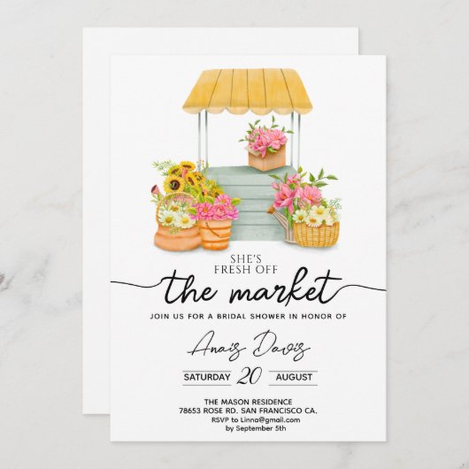 彼女は市場のフラワーショップブライダルシャワーから 招待状 (正面/裏面)