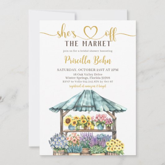彼女は市場のフラワーブライダルシャワーの招待をオフ 招待状 (正面)