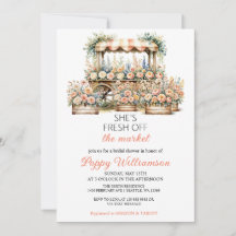 彼女は市場のブライダルシャワーの招待状をオフにしている