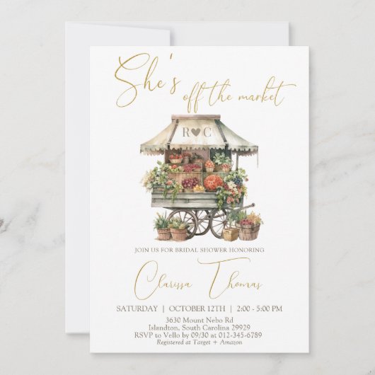 彼女は市場のブライダルシャワーの招待状をオフにしている 招待状 (正面)