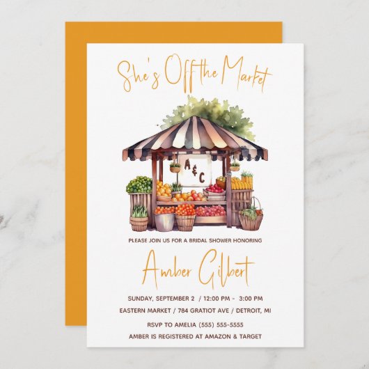 彼女は市場のブライダルシャワーの招待状をオフにしている 招待状 (正面/裏面)