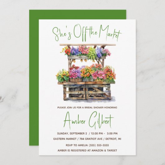彼女は市場のブライダルシャワーの招待状をオフにしている 招待状 (正面/裏面)