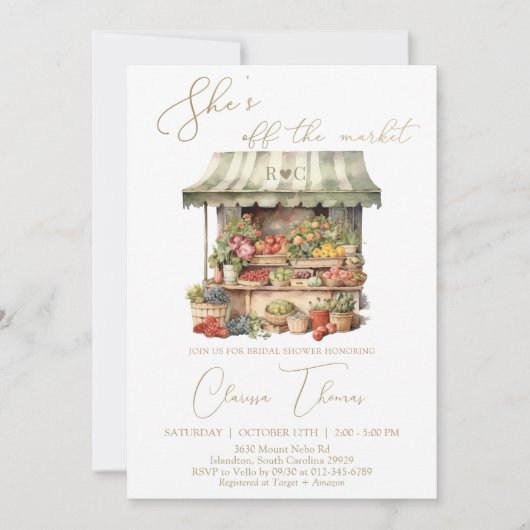 彼女は市場のブライダルシャワーの招待状をオフにしている 招待状 (正面)