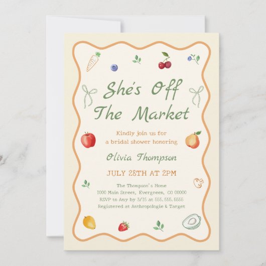 彼女は市場のブライダルシャワーの招待状をオフにしている 招待状 (正面)