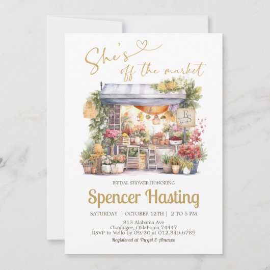 彼女は市場のブライダルシャワーの招待状をオフにしている 招待状 (正面)