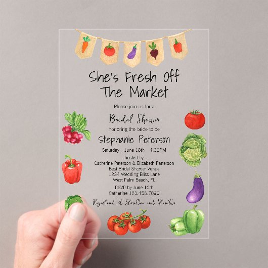 彼女は市場の野菜のブライダルシャワーをオフにしている アクリル招待状 (インサイチュ (ポータブル))