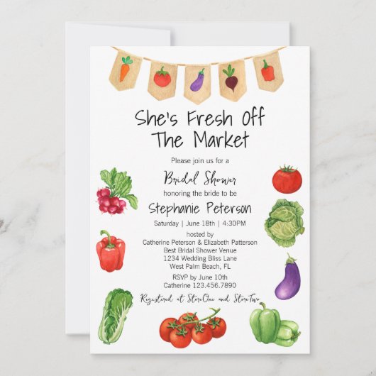 彼女は市場の野菜のブライダルシャワーをオフにしている 招待状 (正面)