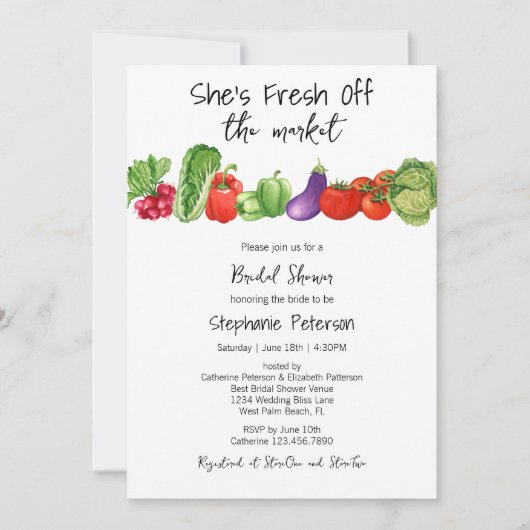 彼女は市場の野菜のブライダルシャワーをオフに 招待状 (正面)
