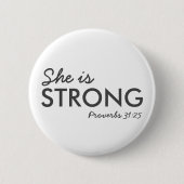 彼女は強い |箴言31:25キリスト教の信仰 缶バッジ (正面)