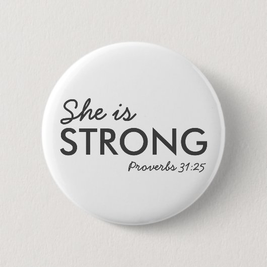 彼女は強い |箴言31:25キリスト教の信仰 缶バッジ (正面)