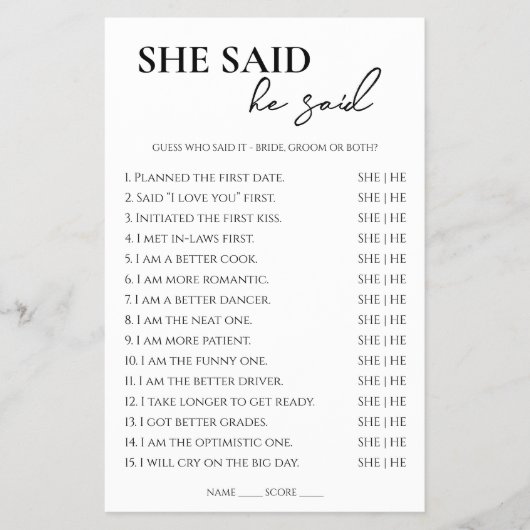 彼女は彼はブライダルシャワーゲームと言った チラシ (正面)
