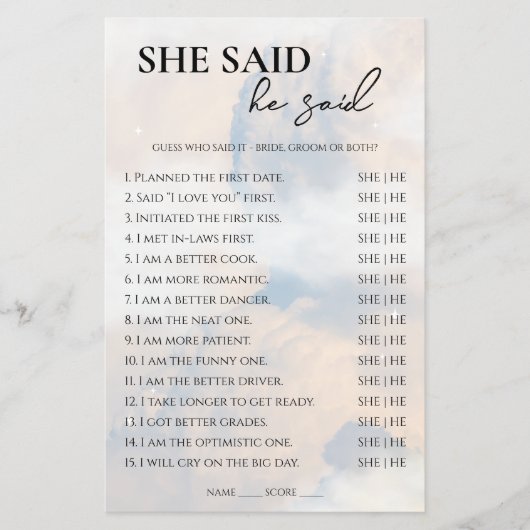 彼女は彼はブライダルシャワーゲームのCloud Nineと言った チラシ (正面)