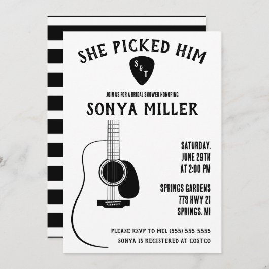 彼女は彼を選んだ！ギターとピックブライダルシャワー 招待状 (正面/裏面)