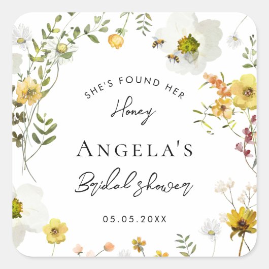彼女は彼女のハニーイエローフローラブライダルシャワーを見つけた スクエアシール (正面)