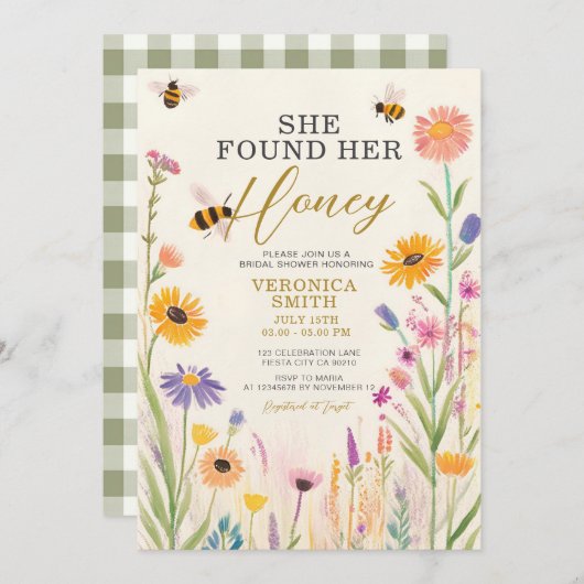 彼女は彼女のハニーワイルドフラワーのブライダルシャワーを見つけた 招待状 (正面/裏面)