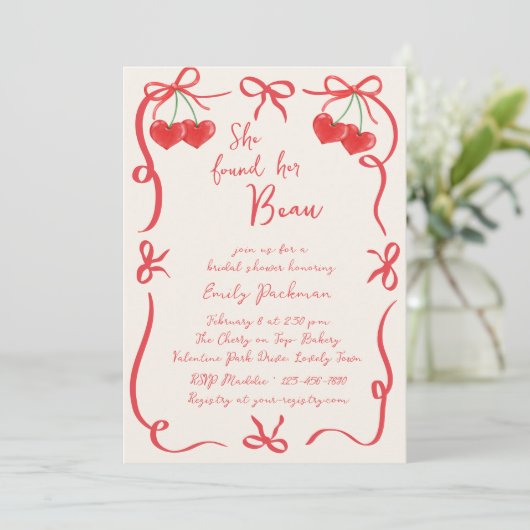 彼女は彼女のボー・ボウズとさくらんぼブライダルシャワーを見つけた 招待状 (スタンド正面)