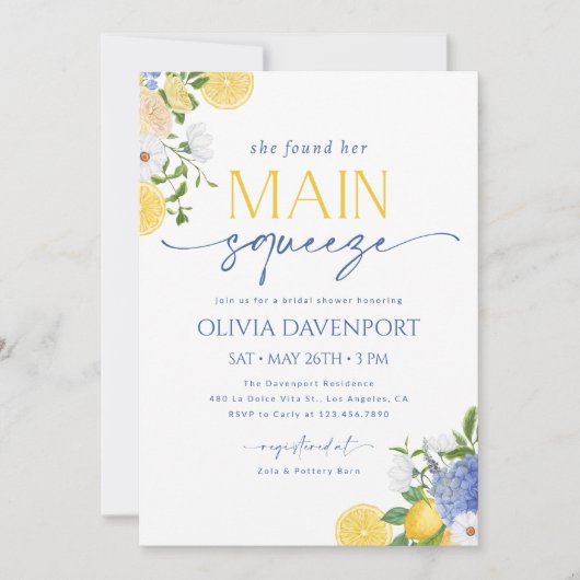 彼女は彼女のメイン絞りレモンブライダルシャワーを見つけた 招待状 (正面)