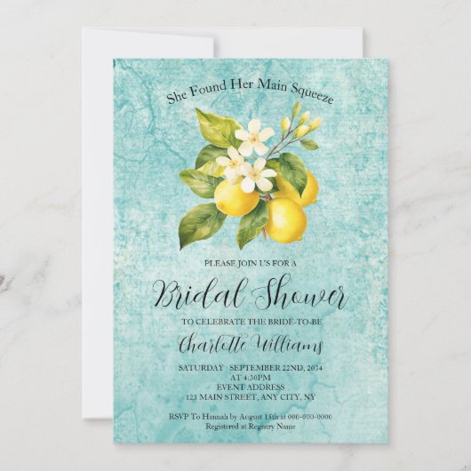 彼女は彼女のメイン絞りレモンブライダルシャワーを見つけた 招待状 (正面)
