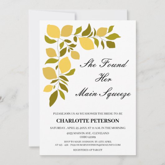 彼女は彼女のメイン絞りレモンブライダルシャワーを見つけた 招待状 (正面)