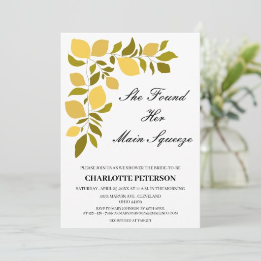 彼女は彼女のメイン絞りレモンブライダルシャワーを見つけた 招待状 (スタンド正面)
