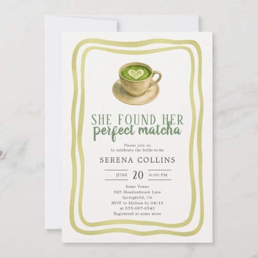 彼女は彼女の完璧な抹茶のブライダルシャワーを発見 招待状 (正面)