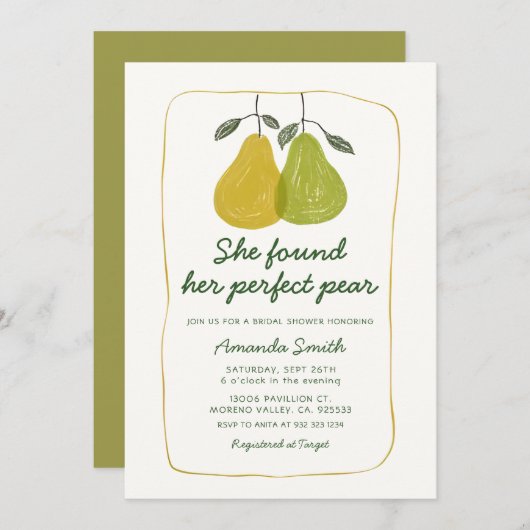 彼女は彼女の完璧な梨のブライダルシャワーを見つけた 招待状 (正面/裏面)